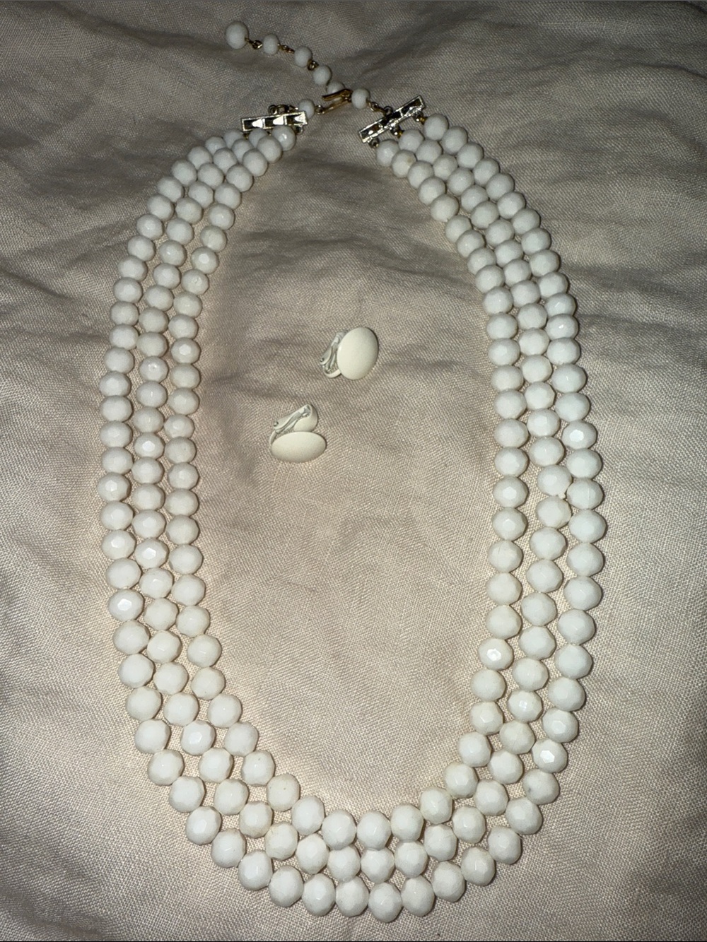 White Three Strand Beads with Earrings